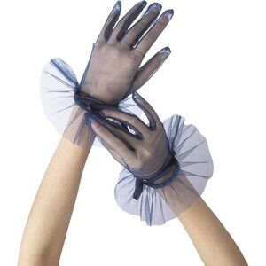 Women's Evening Blue Ruffles Mesh Tulle Short Gloves Wedding Party Accessory